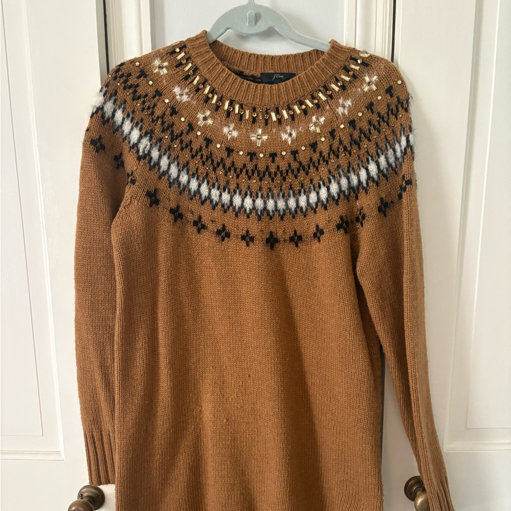 JCrew Brown Fair Isle Sweater Dress with Beaded Neckline